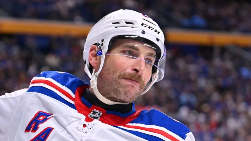 Carson Soucy #24 of the New York Rangers celebrates after scoring a goal