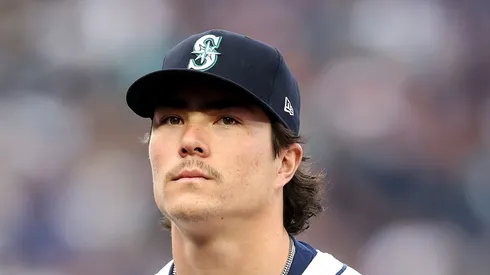 Bryan Woo before the game vs the Tigers on October 04, 2025 in Seattle, Washington.