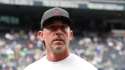 Kyle Shanahan looks on prior to the game vs the Seahawks on September 07, 2025 in Seattle, Washington.