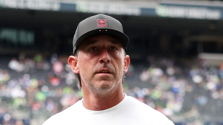 Kyle Shanahan looks on prior to the game vs the Seahawks on September 07, 2025 in Seattle, Washington.