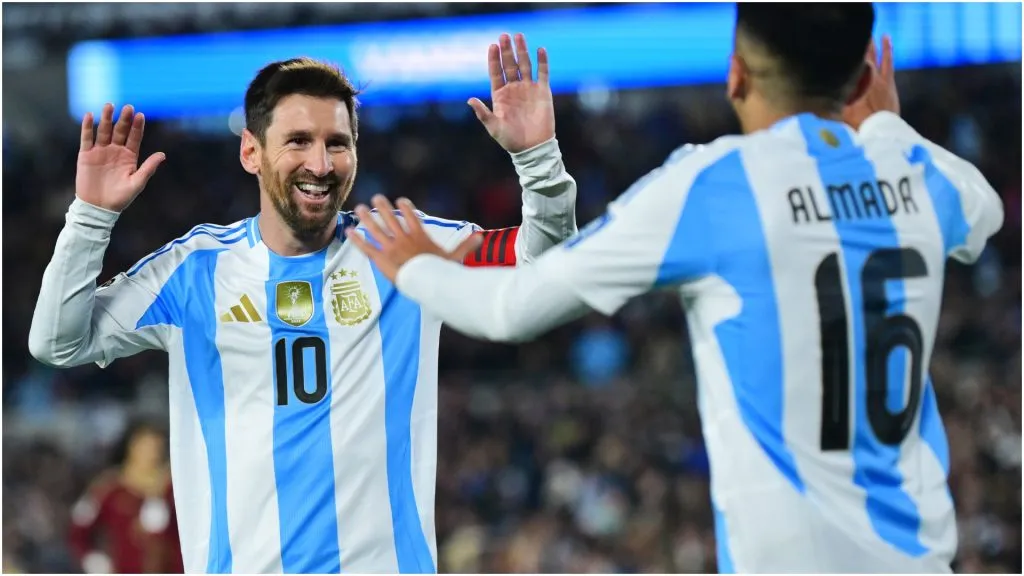 Lionel Messi of Argentina celebrates with teammate Thiago Almada – Marcelo Endelli/Getty Images
