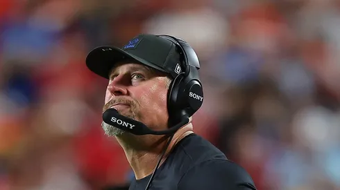 Dan Campbell looks on during the first half in the game vs the Chiefs on October 12, 2025, Missouri.