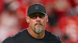 Dan Campbell looks on during warmups before the game vs the Chiefs on October 12, 2025 in Kansas City.