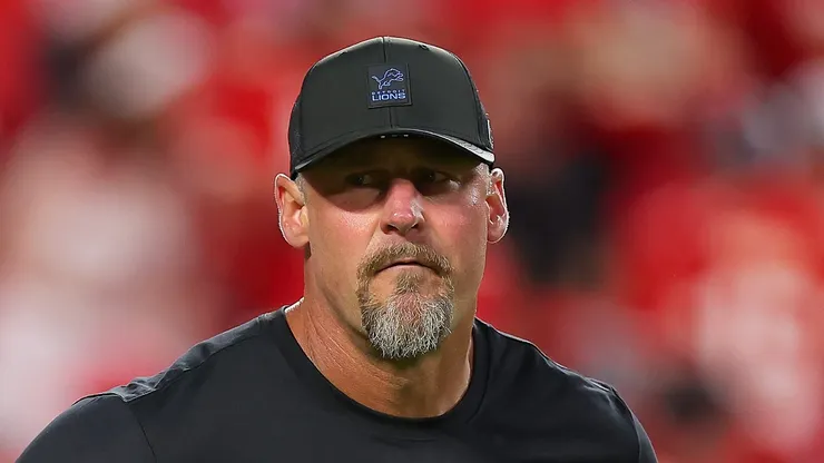 Dan Campbell looks on during warmups before the game vs the Chiefs on October 12, 2025 in Kansas City.