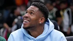 Giannis Antetokounmpo #34 of the Milwaukee Bucks smiles.