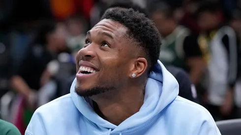 Giannis Antetokounmpo #34 of the Milwaukee Bucks smiles.