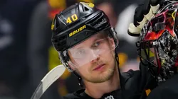 Elias Pettersson at Rogers Arena on October 9, 2025 in Vancouver, Canada.