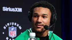 Brian Branch speaks on SiriusXM at Super Bowl LVIII on February 09, 2024 in Las Vegas.