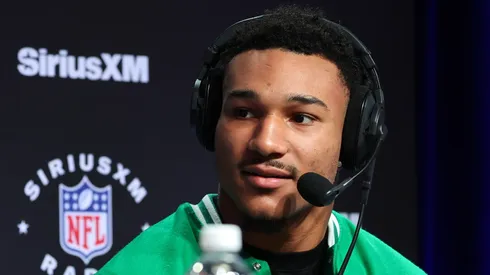 Brian Branch speaks on SiriusXM at Super Bowl LVIII on February 09, 2024 in Las Vegas.