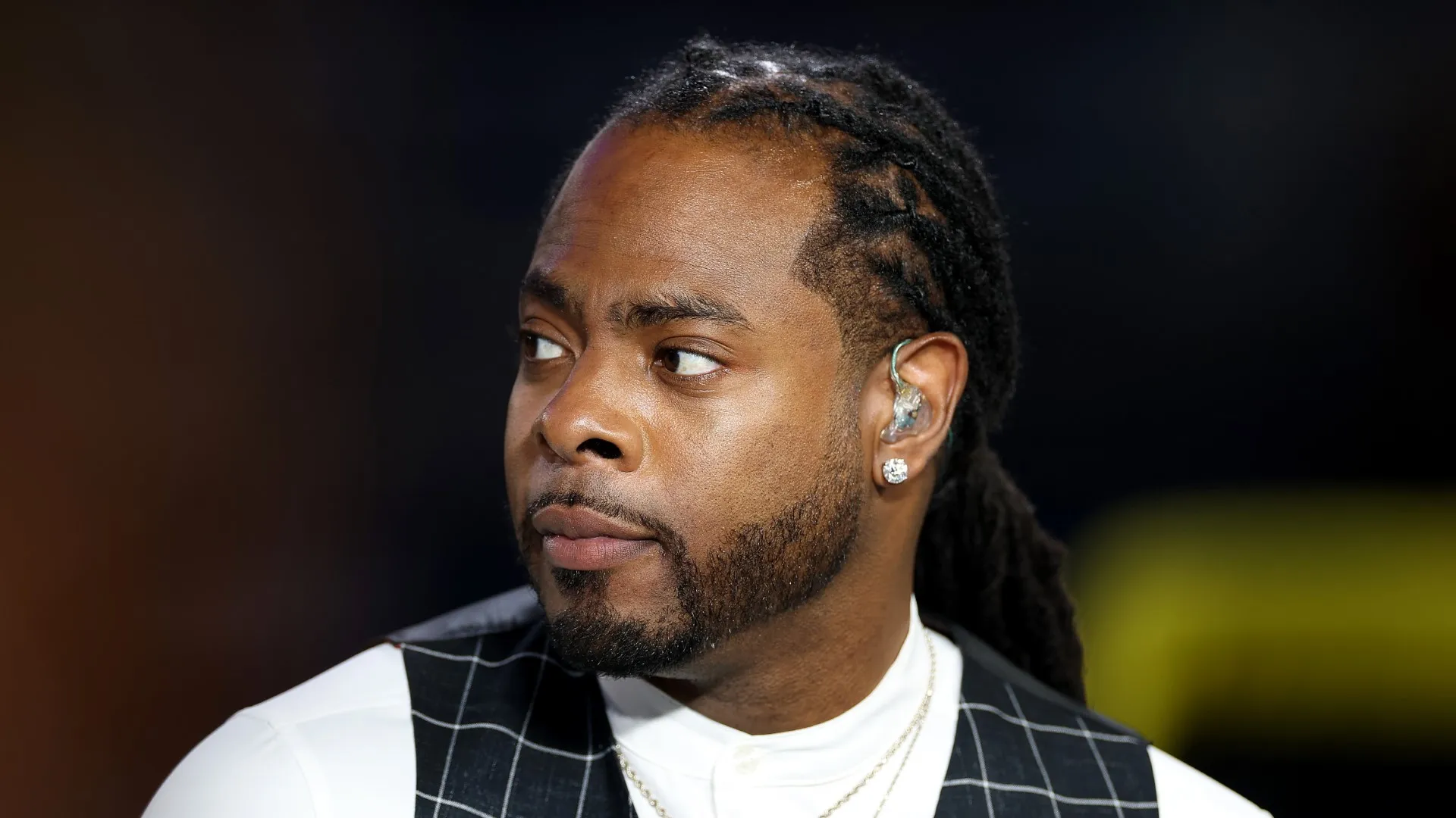 Richard Sherman is seen prior to the game between the Dolphins and the Bills