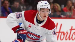 Lane Hutson #48 of the Montreal Canadiens plays against the Detroit Red Wings.