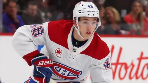 Lane Hutson #48 of the Montreal Canadiens plays against the Detroit Red Wings.