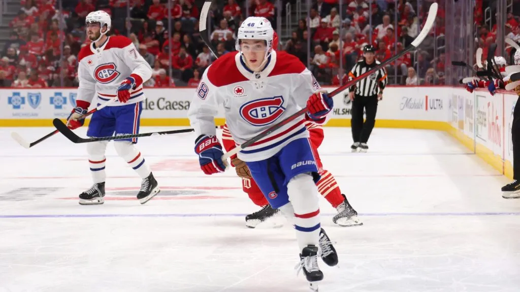 Lane Hutson #48 of the Canadiens plays against the Red Wings on October 09, 2025. Gregory Shamus/Getty Images