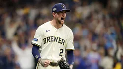 Brice Turang #2 of the Milwaukee Brewers celebrates.