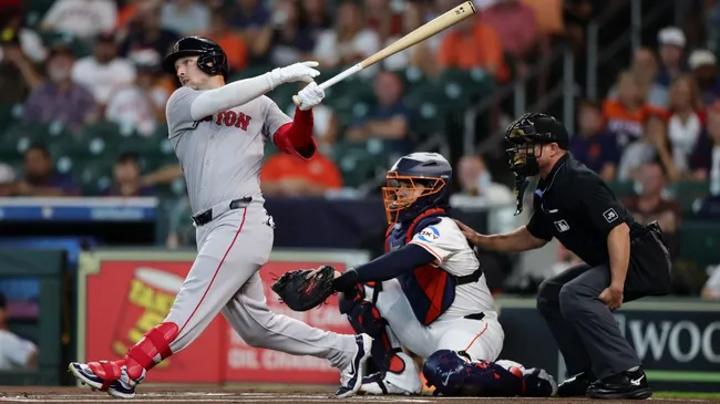 Alex Bregman #2 of the Red Sox bats during the first inning against the Houston Astros. Alex Slitz/Getty Images