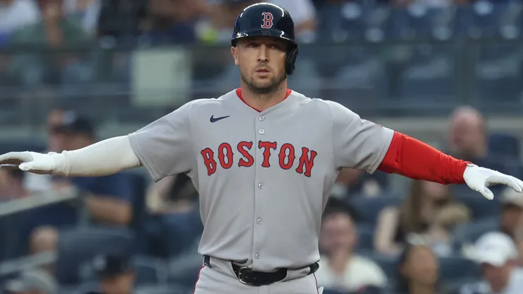 Alex Bregman #2 of the Boston Red Sox reacts after hitting a single.