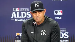 Manager Aaron Boone #17 of the New York Yankees speaks to the media.