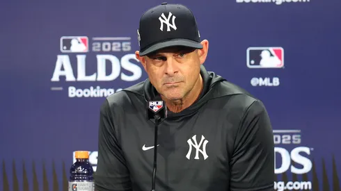 Manager Aaron Boone #17 of the New York Yankees speaks to the media.