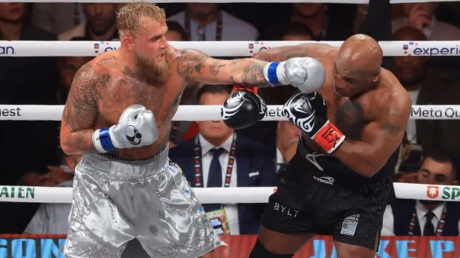 Jake Paul throws a left on Mike Tyson during a heavyweight bout on November 15, 2024. Christian Petersen/Getty Images