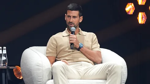 Novak Djokovic speaks on stage.
