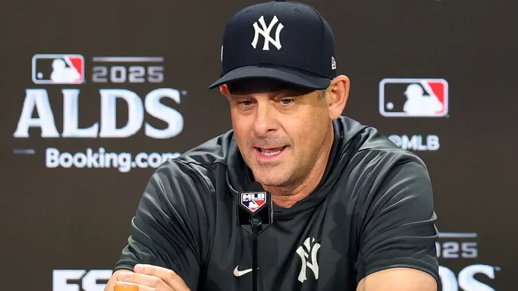Manager Aaron Boone #17 of the New York Yankees speaks to the media.