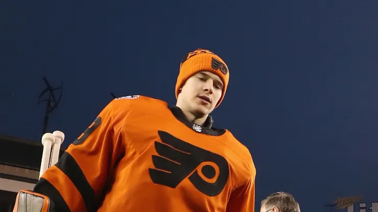 Carter Hart at the Lincoln Financial Field on February 22, 2019 in Philadelphia, Pennsylvania.