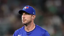 Max Scherzer walks off the mound after striking out an Athletics' batter on July 11, 2025, California.