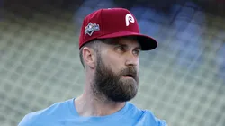 Bryce Harper looks on during batting practice on October 08, 2025 in Los Angeles, California.