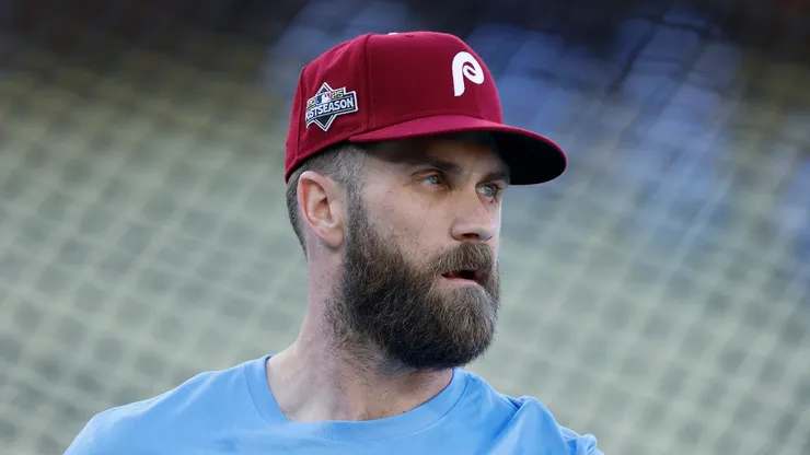 Bryce Harper looks on during batting practice on October 08, 2025 in Los Angeles, California.