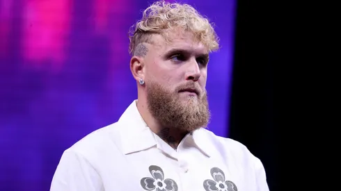 Jake Paul looks on at a news conference about his exhibition match with Gervonta "Tank" Davis.