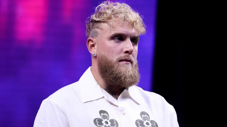 Jake Paul looks on at a news conference about his exhibition match with Gervonta "Tank" Davis.