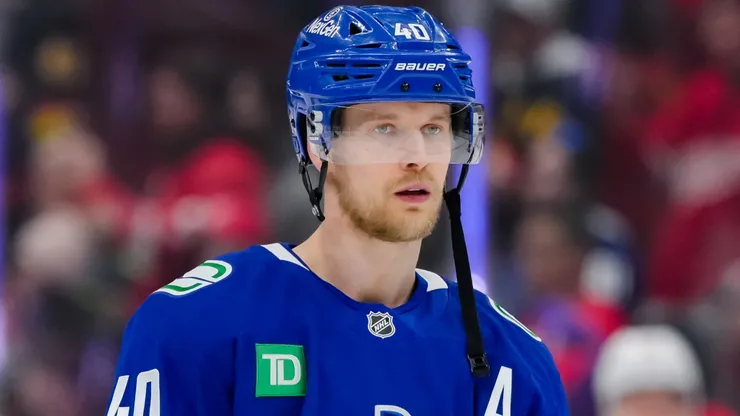 Elias Pettersson (#40) of the Canucks watches the action during warmups prior to the game.