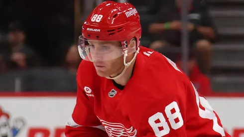 Patrick Kane #88 of the Detroit Red Wings controls the puck.
