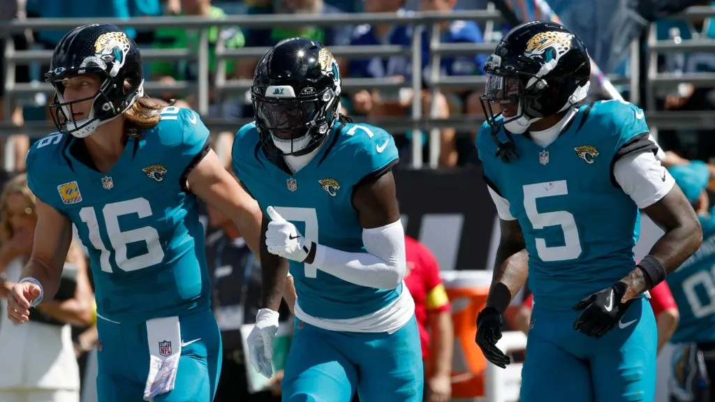 Trevor Lawrence, Brian Thomas Jr. and Dyami Brown in 2025. (Source: Don Juan Moore/Getty Images)