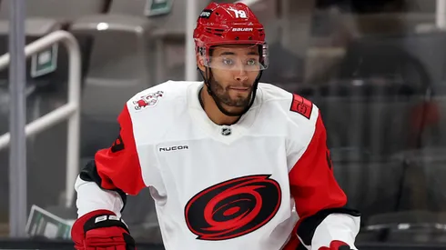 K'Andre Miller #19 of the Carolina Hurricanes in action.