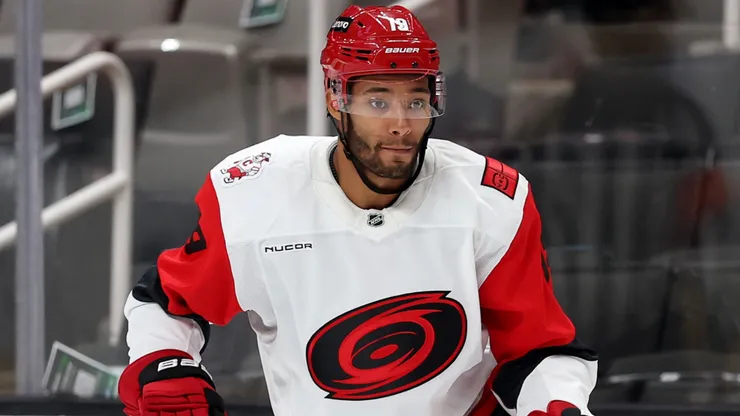 K'Andre Miller #19 of the Carolina Hurricanes in action.