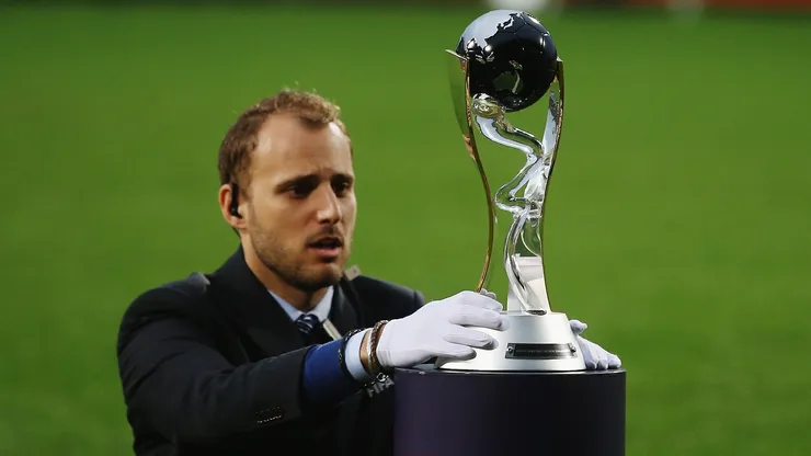 The FIFA U-20 trophy is displayed during the FIFA U-20 World Cup Final in 2015.