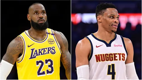 LeBron James of Los Angeles Lakers and Russell Westbrook during a Denver Nuggets game.