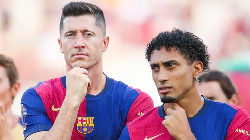 Robert Lewandowski and Raphinha of FC Barcelona prior to a game.