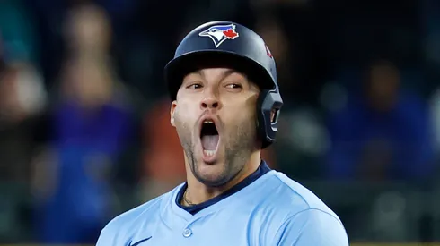 George Springer reacts after hitting an RBI double on October 17, 2025, Washington.