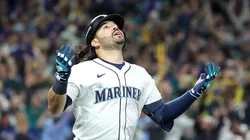 Eugenio Suarez reacts after hitting a grand slam against the Blue Jays during on October 17, 2025 in Seattle, Washington.