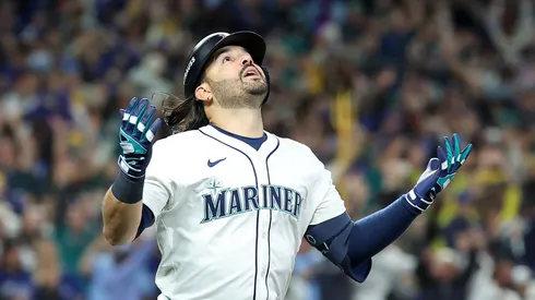 Eugenio Suarez reacts after hitting a grand slam against the Blue Jays during on October 17, 2025 in Seattle, Washington.