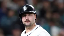 Cal Raleigh looks on after flying out vs the Blue Jays on October 16, 2025 in Seattle.