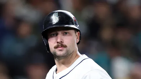 Cal Raleigh looks on after flying out vs the Blue Jays on October 16, 2025 in Seattle.