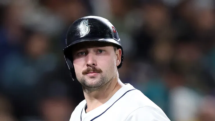 Cal Raleigh looks on after flying out vs the Blue Jays on October 16, 2025 in Seattle.