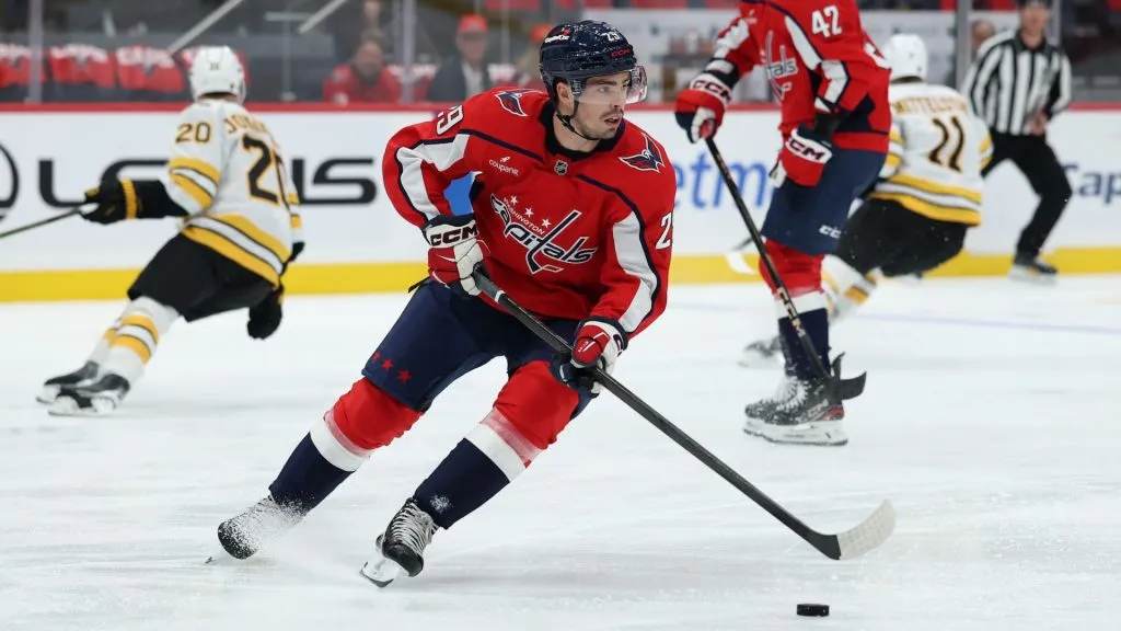 Hendrix Lapierre #29 of the Capitals skates against the Bruins. Patrick Smith/Getty Images