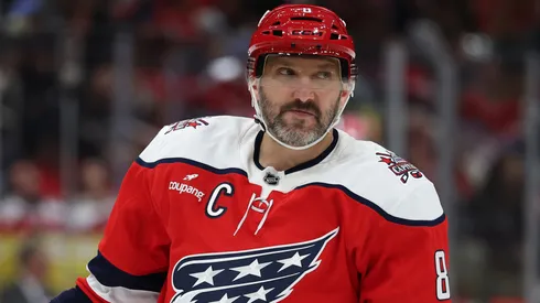 Alex Ovechkin #8 of the Washington Capitals looks on in an NHL game.