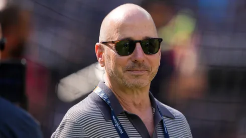 Brian Cashman looks on before game two of the American League Division Series against the Blue Jays.