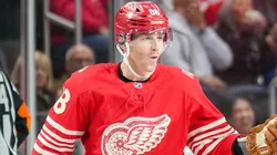 Patrick Kane #88 celebrates after scoring a goal.