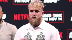 Jake Paul poses during a press conference.